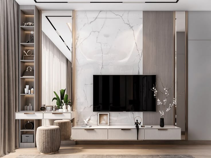 Contemporary drawing room with media wall Lucknow